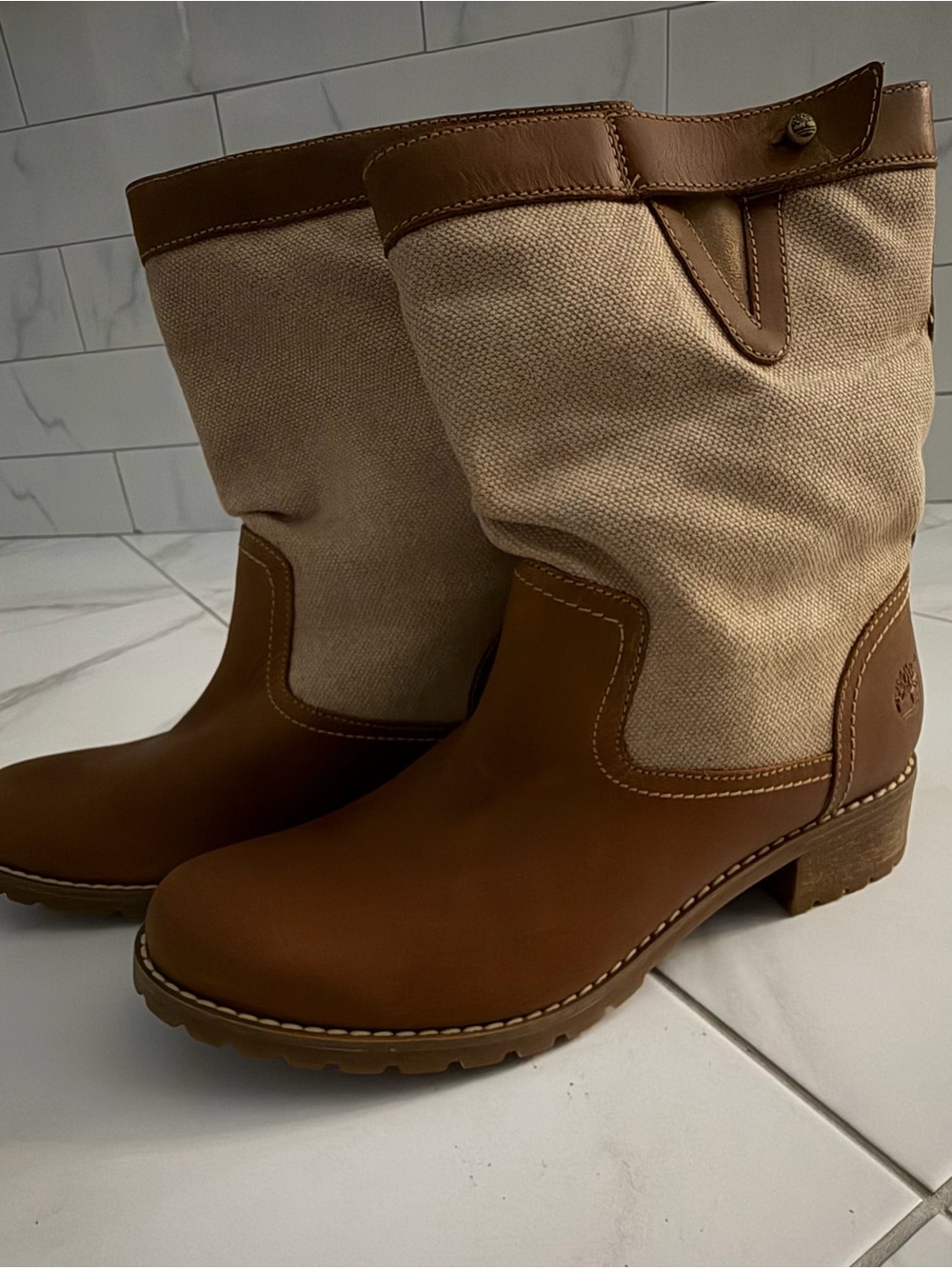 Timberland Brown Leather and Cream Canvas Mid-Calf Heeled Boots